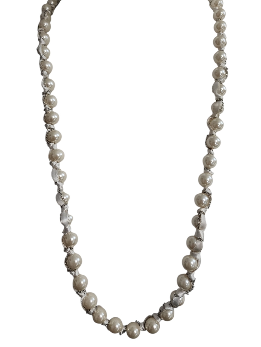 ViVi Faux Pearl Beaded Ribbon Wrapped Chain Necklace